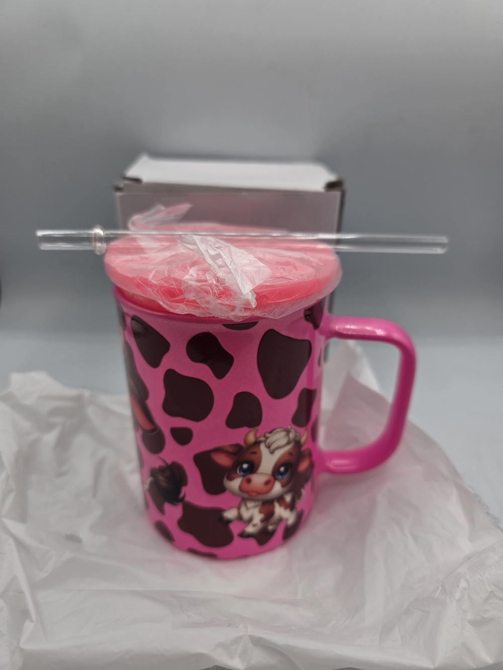 Pink Cow Print Travel Mug with Lid and Straw